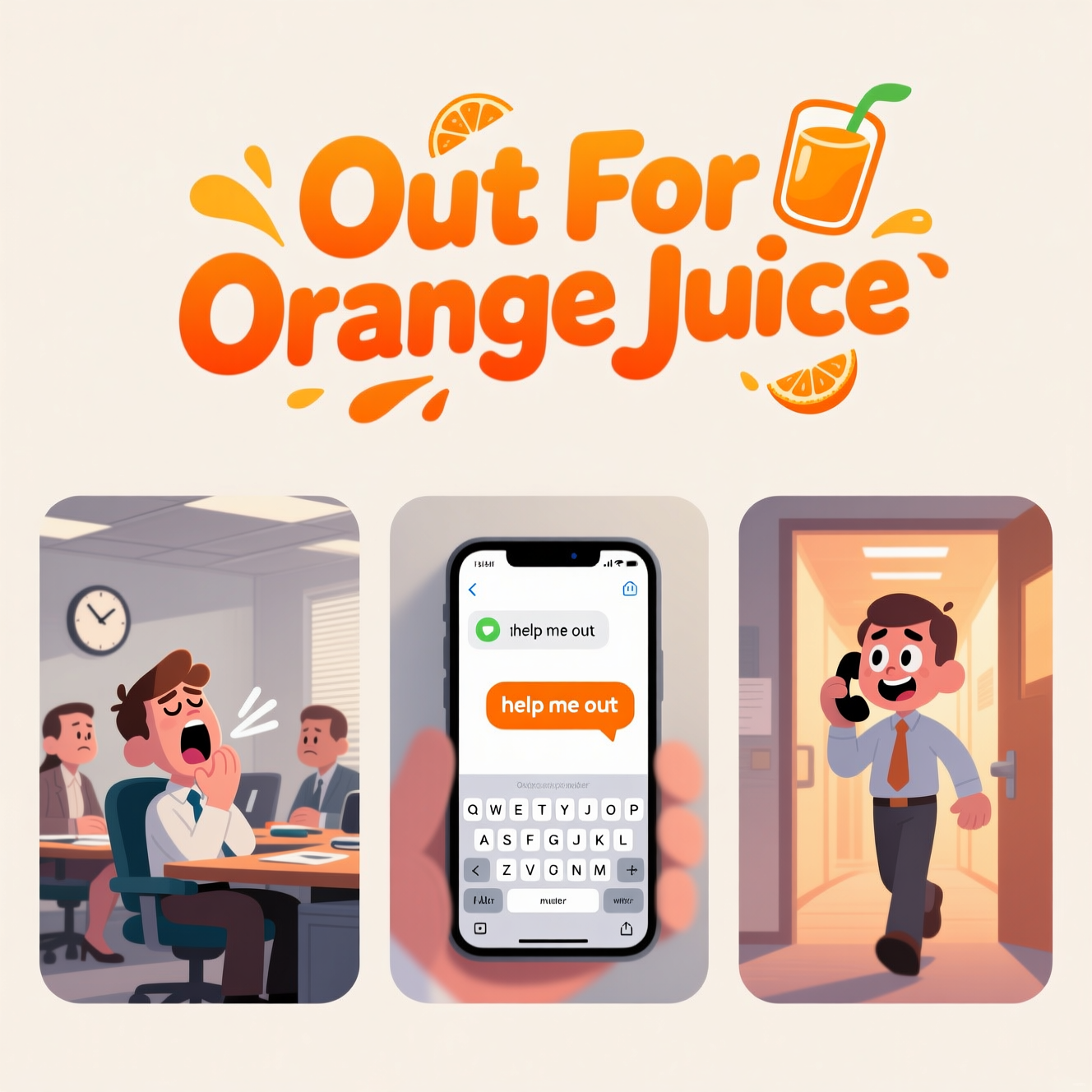 OutForOJ service illustration showing awkward situation, text message, and rescue call